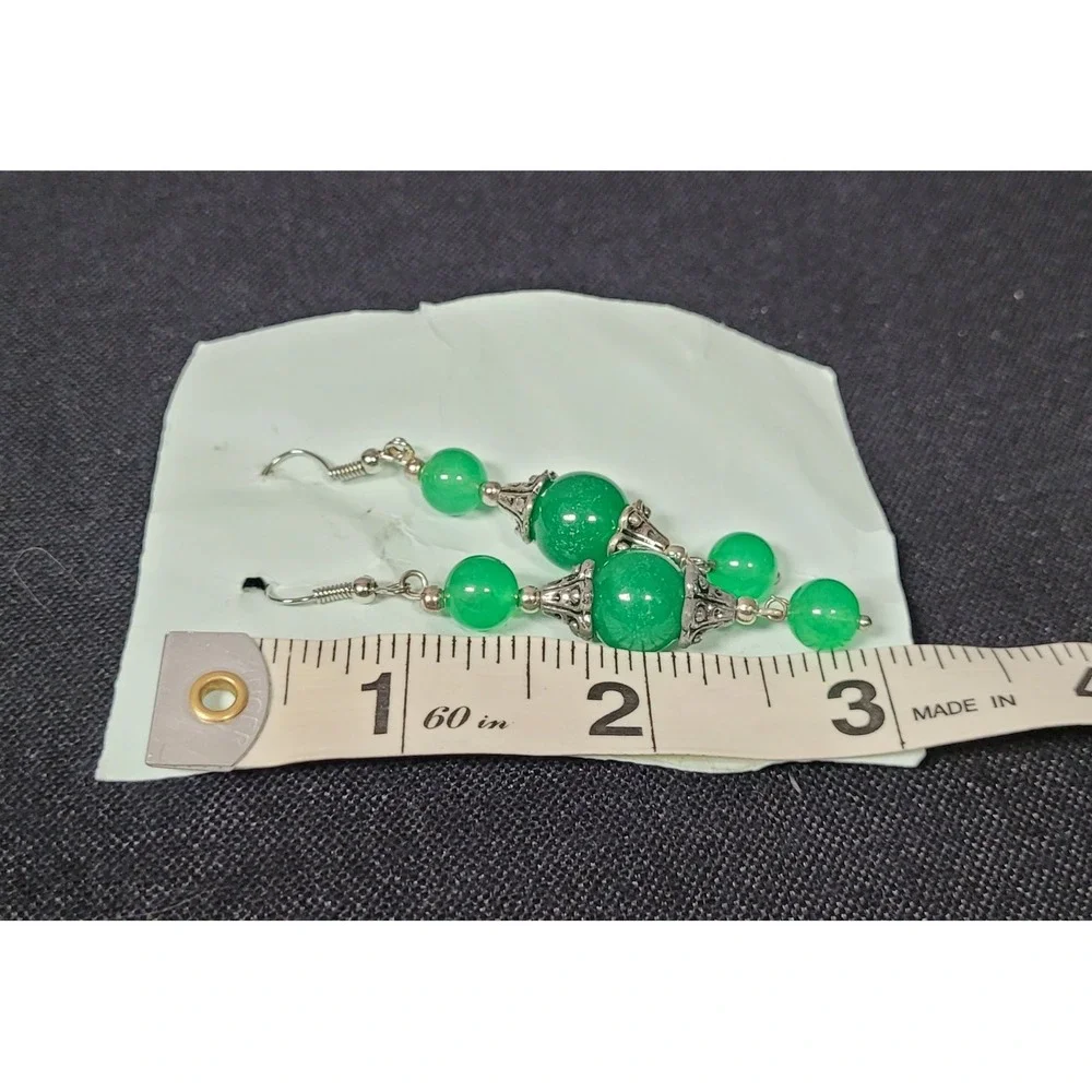 Green Jade Bead Dangle Drop Earrings with Silver-Tone Hardware